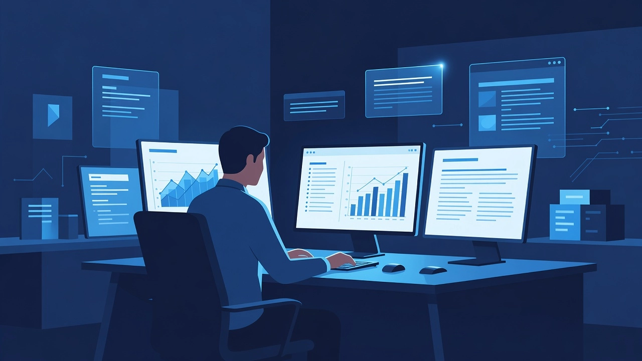 Professional header image for informative article: A professional at a sleek desk surrounded by glowing scre...